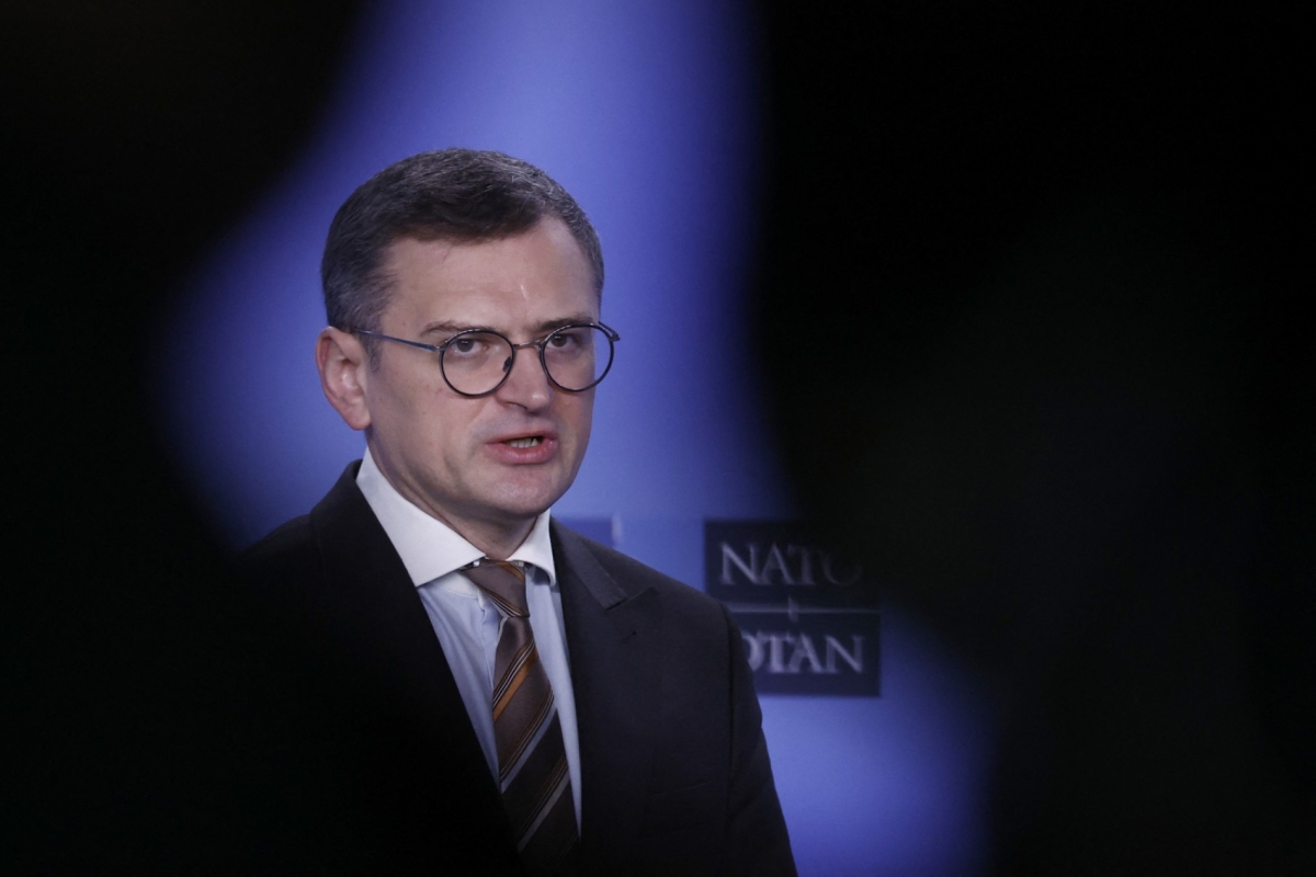 Ukranian Minister for Foreign Affairs Dmytro Kuleba listens to the North Atlantic Treaty Organization (NATO) Secretary General during the alliance's 75th anniversary at the NATO Headquarters in Brussels on 4 April 2024. 