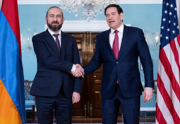 US Secretary of State Marco Rubio greets Armenian Foreign Minister Ararat Mirzoyan (L) prior to meetings at the State Department in Washington, DC, on 13 January 2026. 