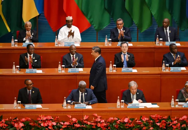 Chinese President Xi Jinping stands in the centre of the hall during the China-Africa forum at the Great Hall of the People in central Beijing, on 5 September 2024.
 