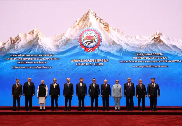 Leaders of SCO member states, including Chinese President Xi Jinping, Russian President Vladimir Putin, and Iranian President Masoud Pezeshkian—ahead of a summit session in Bishkek, Kyrgyzstan, on 1 September 2026.
