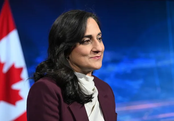 Canada's Foreign Minister Anita Anand answers journalists' questions during an interview as part of her visit to the NATO headquarters in Brussels on 11 May 2026.