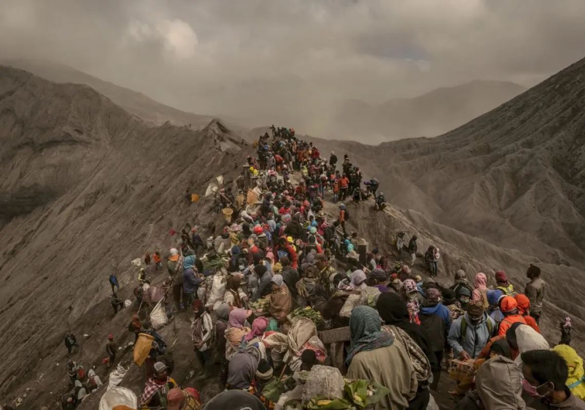 : Tenggerese gather at crater of Mount Bromo during the Yadnya Kasada Festival in Probolinggo, East Java, Indonesia. (Getty)