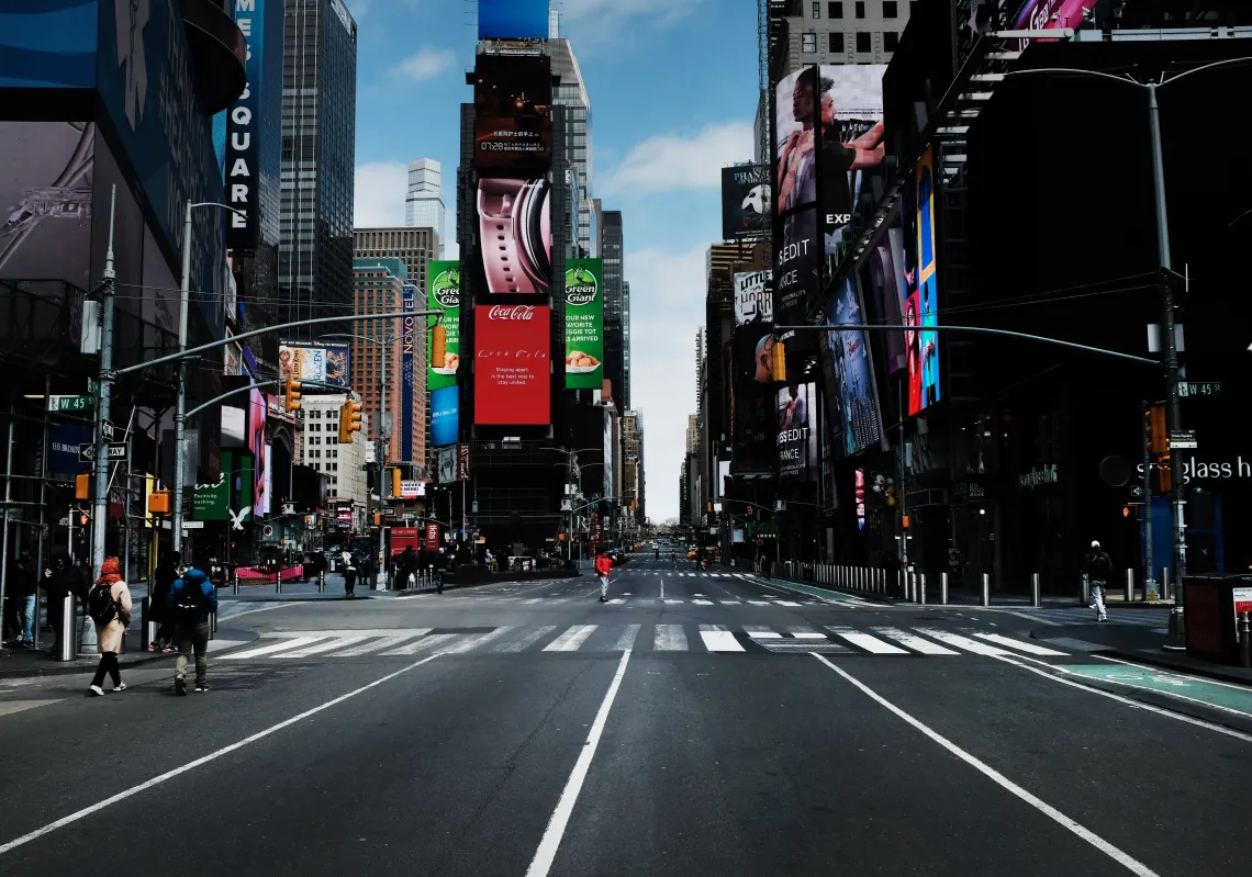 Times Square stands mostly empty as as much of the city is void of cars and pedestrians over fears of spreading the coronavirus on March 22, 2020 in New York City. (Getty)