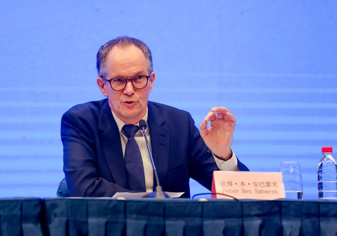  Peter Ben Embarek, an expert from the WHO-China joint team, speaks at the WHO-China Joint Study Press Conference on February 9, 2021 in Wuhan, Hubei Province of China.(Getty)