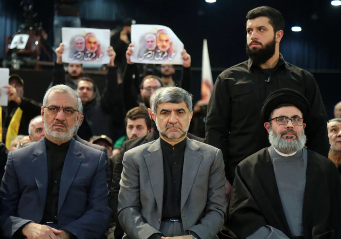 Mohammad Jalal Firouznia, Irans ambassador to Lebanon, center, sits with Sayyed Hashem Safieddine, a senior Hezbollah official, right, as Hassan Nasrallah, leader of Hezbollah, delivers a televised speech, in Beirut, Lebanon, on Sunday, Jan. 5, 2020. (Getty)