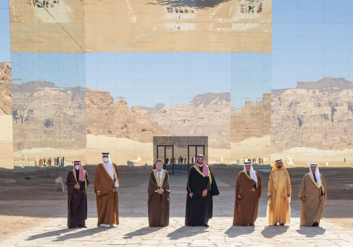 Emir of Qatar Sheikh Tamim bin Hamad al-Thani (L-2), Crown Prince of Saudi Arabia Mohammed bin Salman (4th L), Deputy Prime Minister of Oman Fahd bin Mahmoud al Said (L-3), Salman, Crown Prince of Bahrain (R-3), Vice President of the United Arab Emirates Mohammed bin Rashid Al Maktoum (R-2) and Emir of Kuwait Nawaf Al-Ahmad Al-Jaber Al-Sabah (L) pose for a photo during the 41st Summit of Gulf Cooperation Council in AlUla, Saudi Arabia on January 05, 2021. (Getty)
