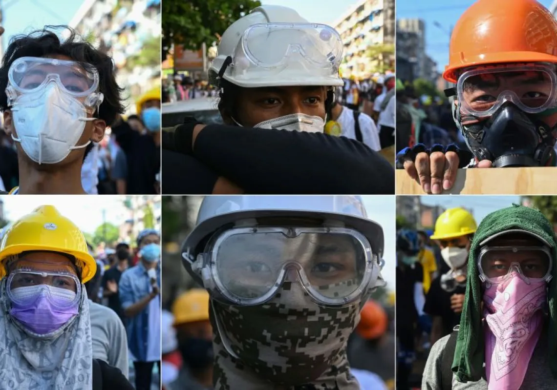  This combination of pictures created on March 1, 2021 shows protesters wearing basic protective gear during a demonstration against the military coup in Yangon on March 1. (Getty)