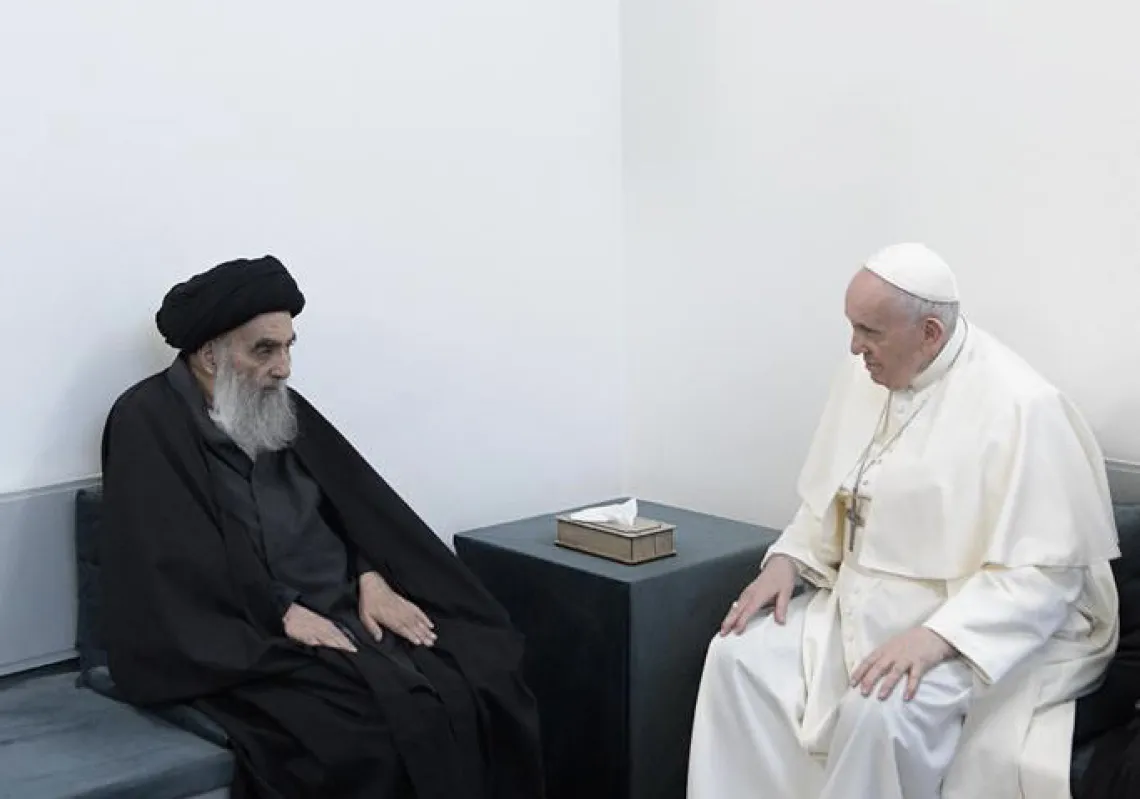 In this photograph provided by Vatican Media, Pope Francis meets with Grand Ayatollah Sayyid Ali Al-Husayni Al-Sistani on March 06, 2021 in Najaf, Iraq. (Getty)