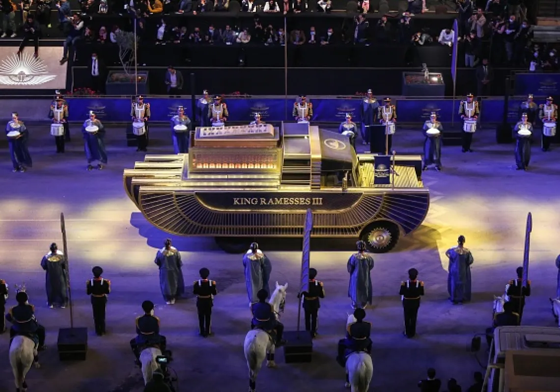 A specially designed vehicle transports the mummy of King Ramesses III in a convoy from the Egyptian Museum in Tahrir Square to the new National Museum of Egyptian Civilization during The Pharaohs' Golden Parade on April 03, 2021 in Cairo, Egypt.(Getty)