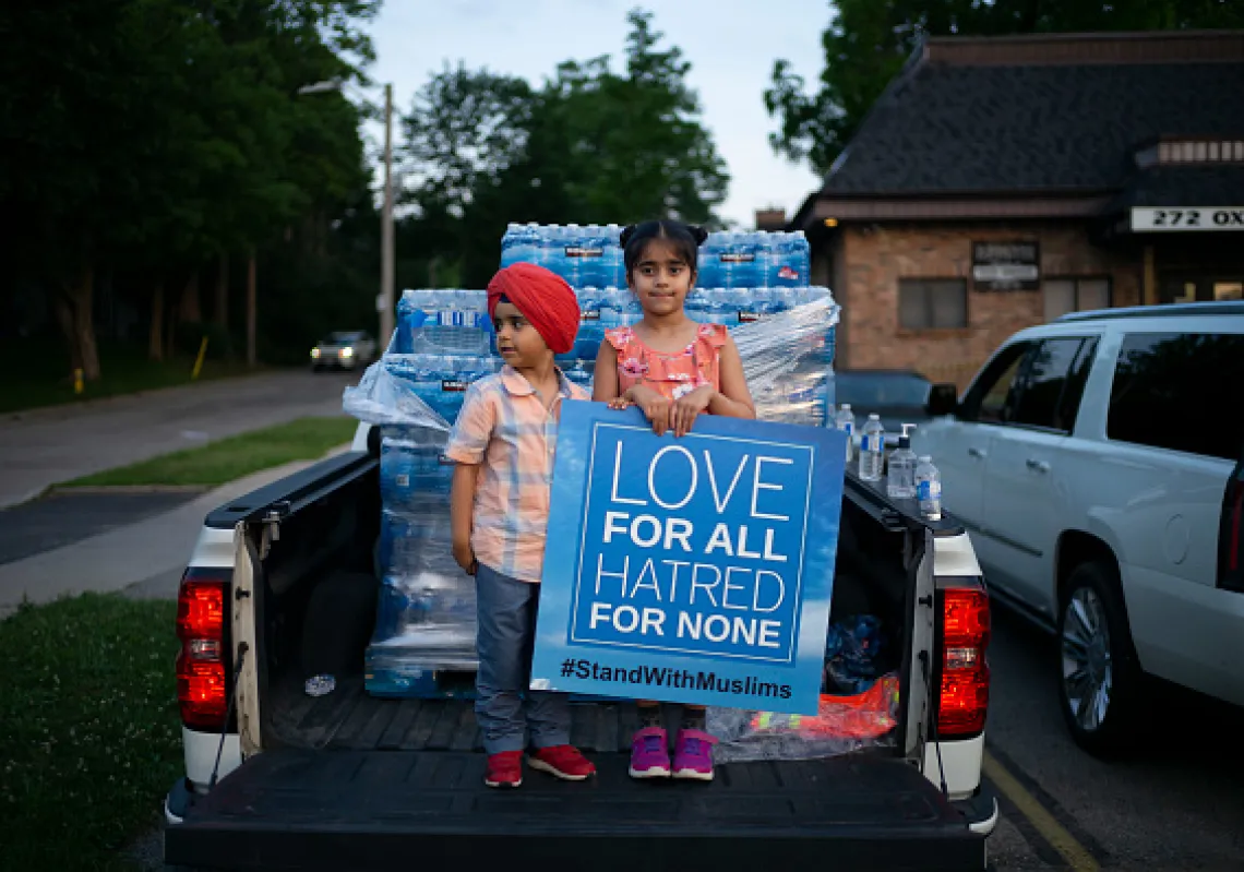 Members of the Muslim community and supporters gather for a multi-faith "March to End Hatred" on June 11, 2021 in London, Ontario, Canada. The march was held to unite Londoners to condemn the racially motivated terror attack on Sunday that killed four members of a local Muslim family.(Getty)