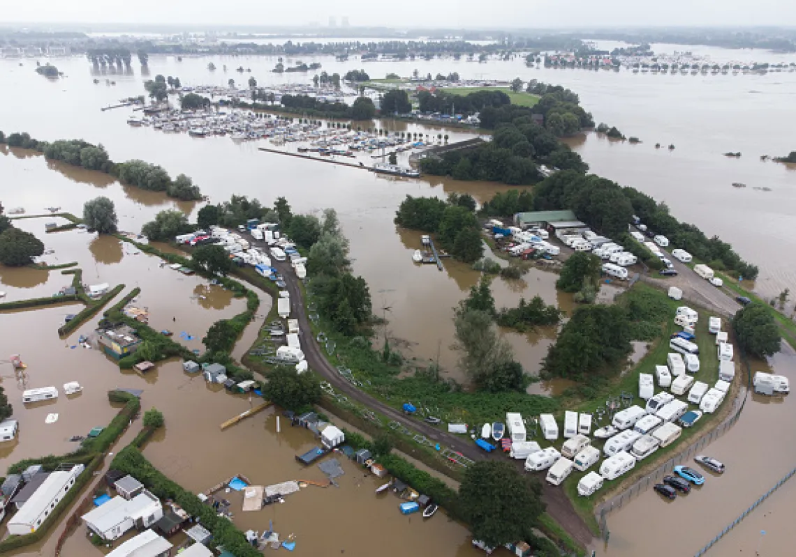  Aerial view of the flooded camping site Jachthaven Hatenboer on July 16, 2021 in Roermond, Netherlands. The flooding has been caused by unusually heavy rain in the hilly parts of Germany and the Ardennes region in Belgium. In Germany the death toll has now passed 100 with dozens more missing. Rescue and evacuation operations are now underway in tricky conditions across the affected regions.