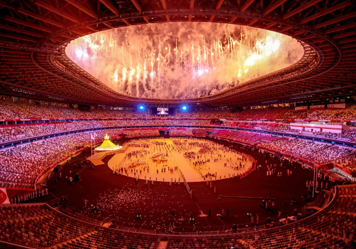 Fireworks are seen during the Opening Ceremony of the Tokyo 2020 Olympic Games at Olympic Stadium on July 23, 2021 in Tokyo, Japan. (Photo by Igor Kralj/Pixsell/MB Media/Getty Images)