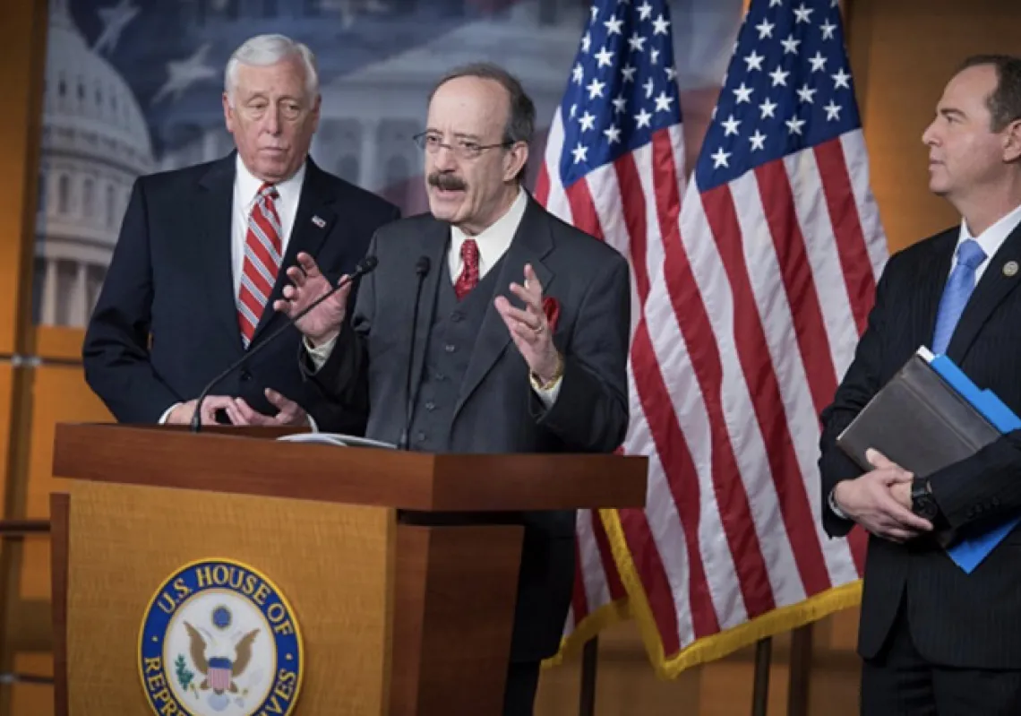 Eliot Engel during a news conference in House Studio A introducing legislation that would require congressional approval to lift sanctions on Russia. (Getty)
