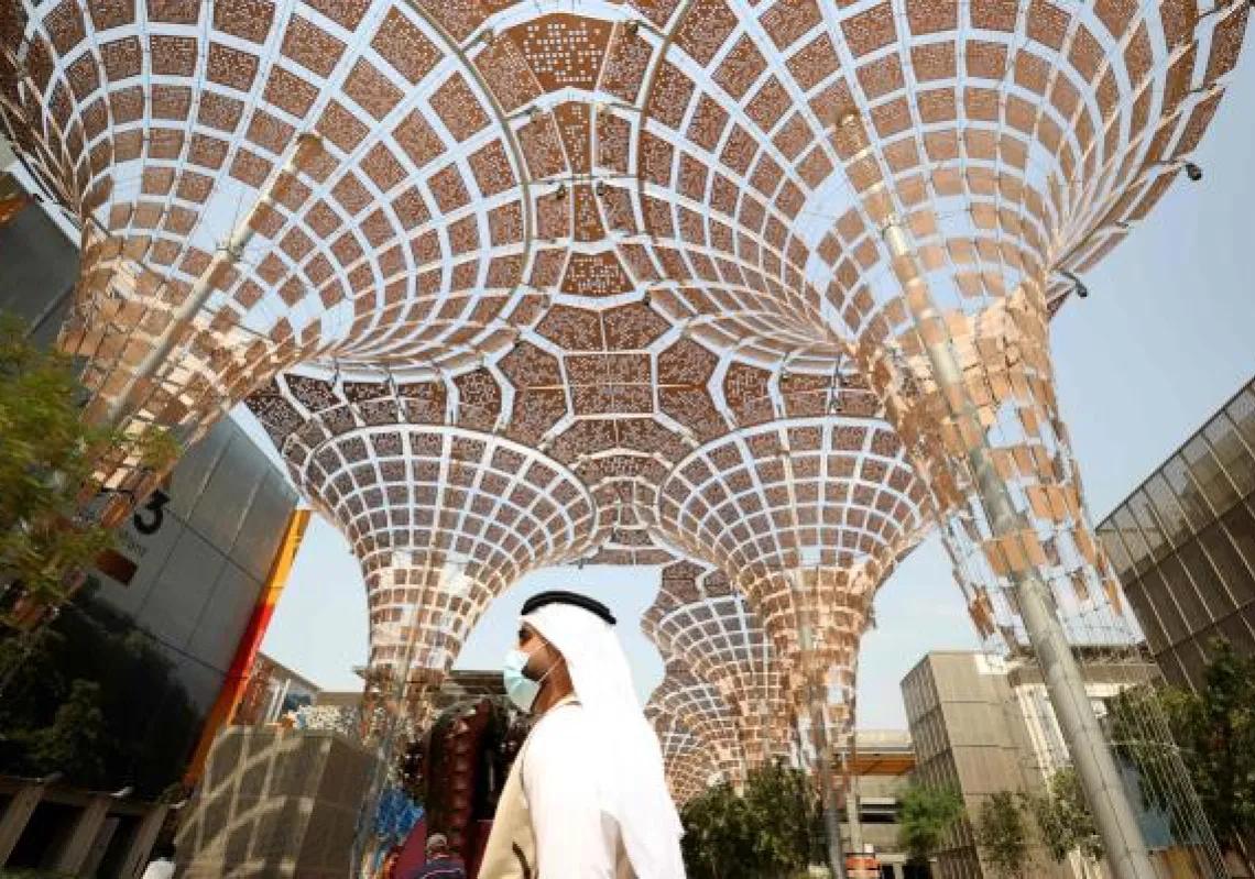 A man visits the Expo 2020, in the Gulf Emirate of Dubai, on October 2, 2021. - Dubai opened its extravagant Expo 2020 on September 30, with a flashy ceremony boasting fireworks and lights displays as it attempts to woo the world despite the pandemic. (Photo by - / AFP)