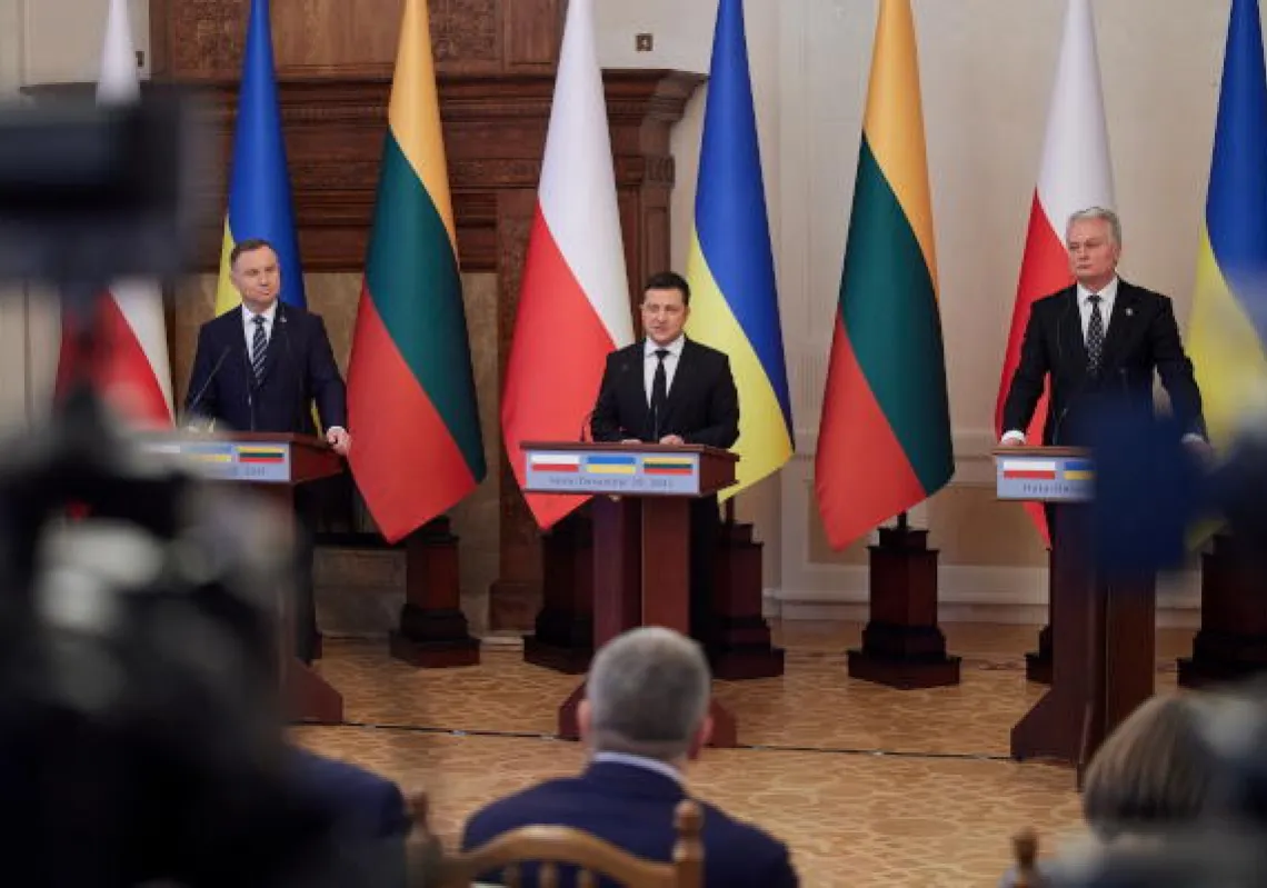 Ukrainian President Volodymyr Zelenskiy, Polish President Andrzej Duda and Lithuanian President Gitanas Nauseda attend a news conference in Ivano-Frankivsk Region