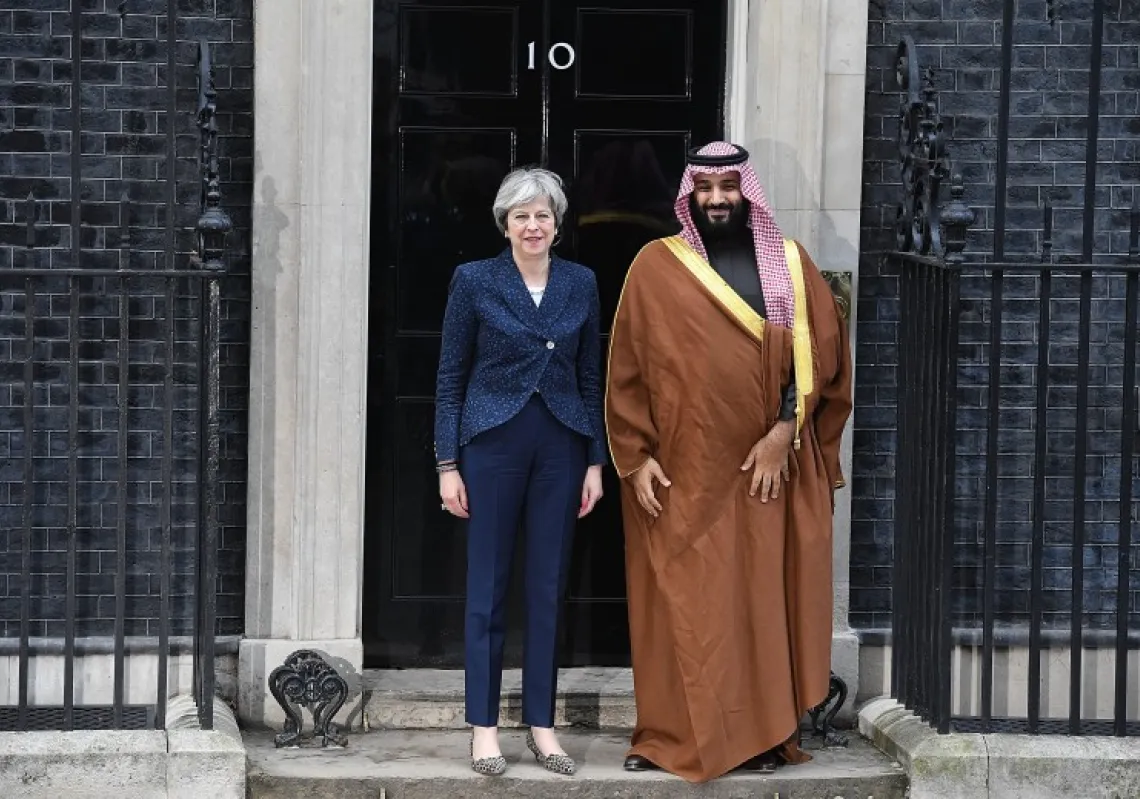 British Prime Minister Theresa May stands with Saudi Crown Prince Mohammed bin Salman on the steps of number 10 Downing Street on March 7, 2018 in London, England. (Getty) 