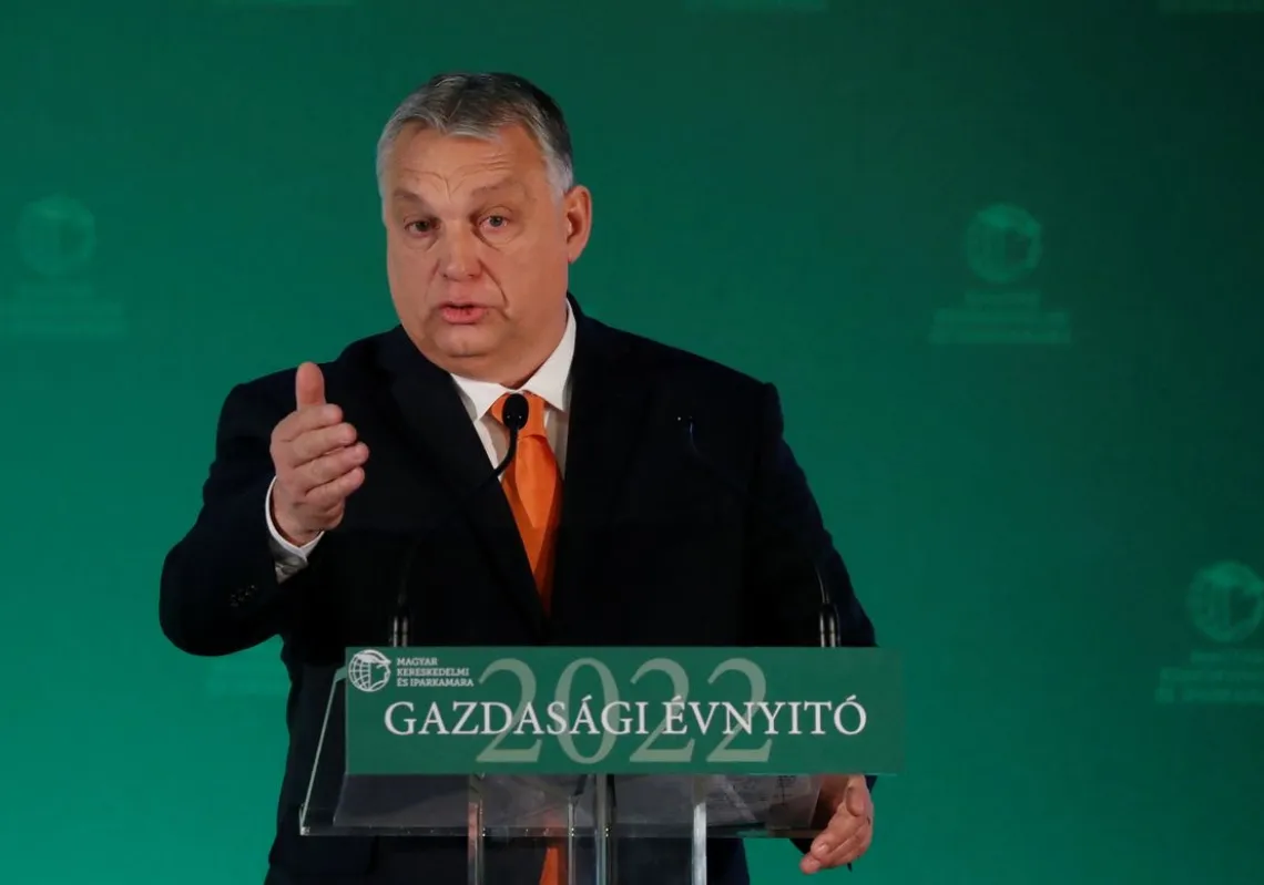 Hungarian Prime Minister Viktor Orban speaks during a business conference in Budapest, Hungary, February 19, 2022. REUTERS/Bernadett Szabo  