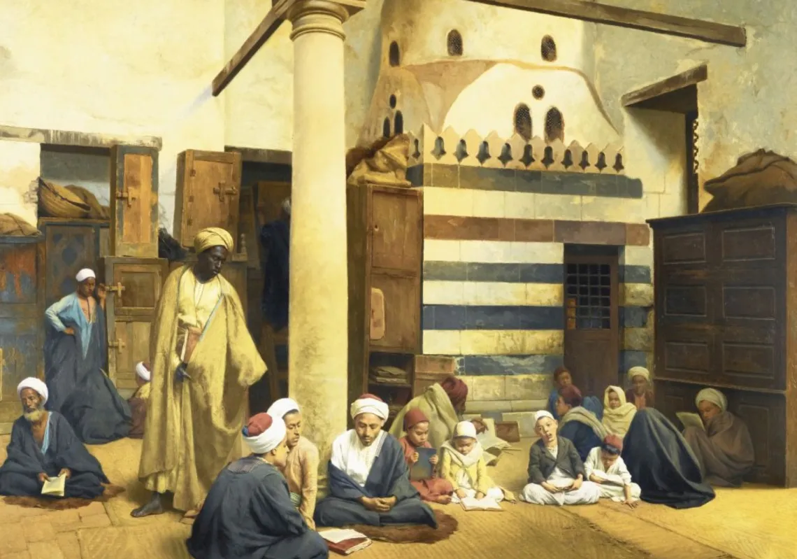 فرنسا/المغرب: "في المدرسة الدينية"، لوحة زيتية من عام 1900 للفنان لودفيغ دويتش (1855–1935)