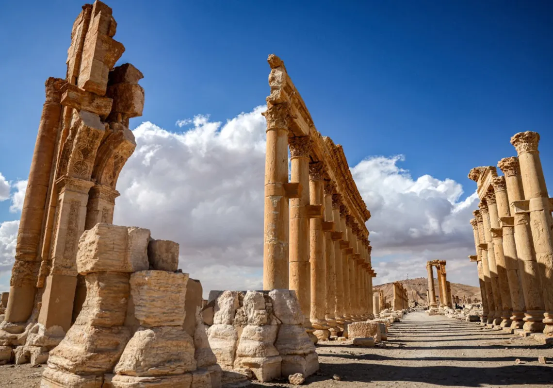 The Great Colonnade (Decumanus Maximus) at Palmyra, one of six Syrian sites on the UNESCO elite list of world heritage. All of them sustained some level of damage in the 13-year civil war.