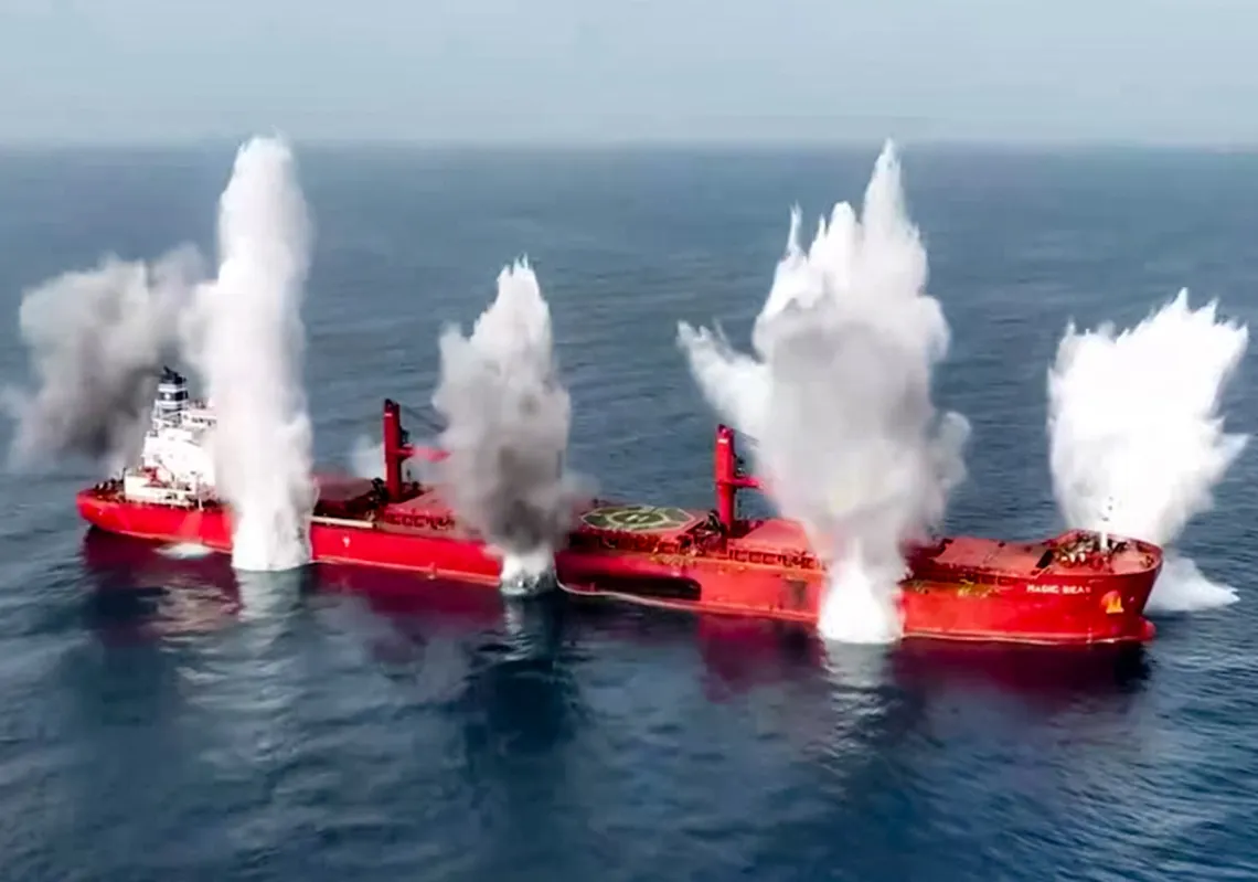 Explosions on the Liberia-flagged bulk carrier Magic Seas on July 8, 2025. Houthi fighters attacked and boarded the vessel before planting explosives that were detonated remotely.