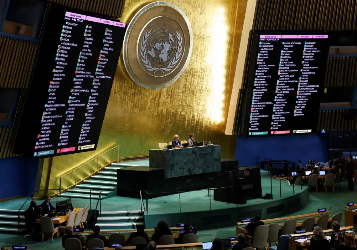 خلال انعقاد الدورة الاستثنائية الطارئة للجمعية العامة للأمم المتحدة في الذكرى الثالثة للغزو الروسي لأوكرانيا، في مقر الأمم المتحدة في نيويورك، الولايات المتحدة، 24 فبراير 2025