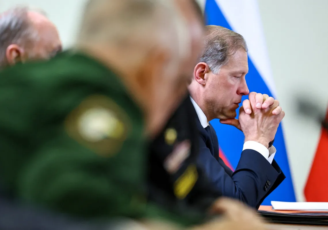 Russian First Deputy Prime Minister Denis Manturov attends a meeting on the development strategy of the Russian Navy submarine forces held by President Vladimir Putin in Severodvinsk, Arkhangelsk region, Russia July 24, 2025.