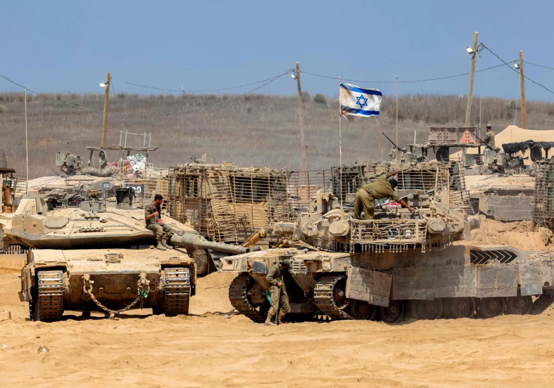 An Israeli battle tank deployed at a position along the border with the Gaza Strip and southern Israel on July 29, 2025.