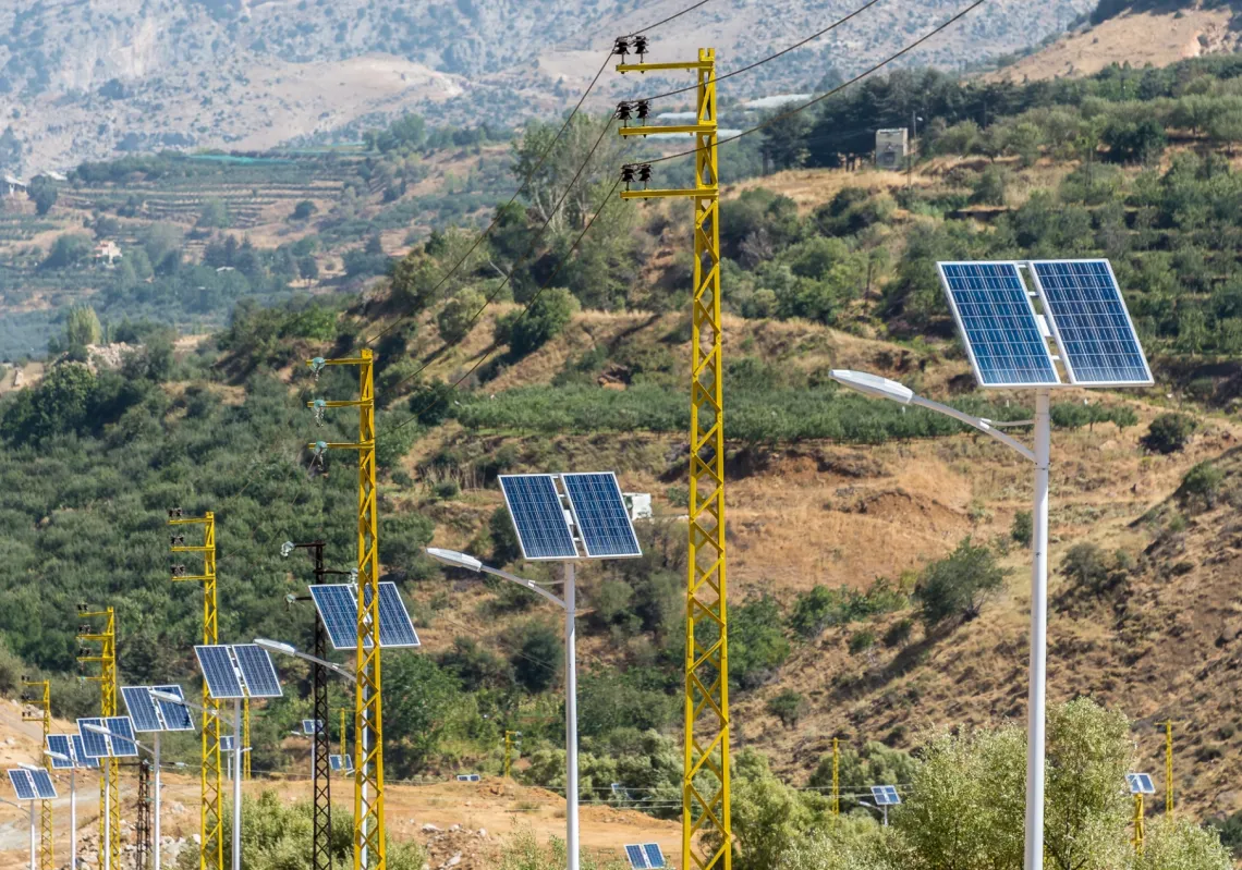 Solar-powered lights on a mountain road in Lebanon.
 