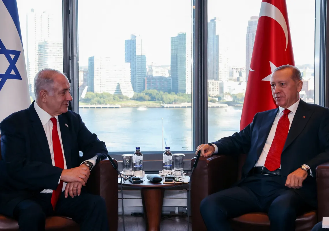 Turkey's President Recep Tayyip Erdogan (R) meeting with Israel's Prime Minister Benjamin Netanyahu (L) on the sidelines of the 78th United Nations General Assembly at UN headquarters in New York City on September 19, 2023.