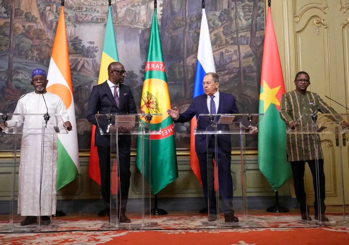 The foreign ministers of the Confederation of Sahel States attend a press conference with Russian Foreign Minister Sergei Lavrov in Moscow on April 3, 2025.
