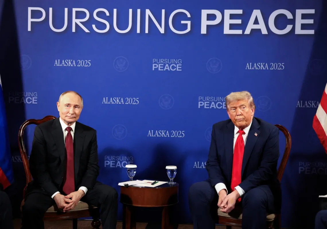 US President Donald Trump meets Russian President Vladimir Putin to negotiate for an end to the war in Ukraine in Anchorage, Alaska, on August 15, 2025.