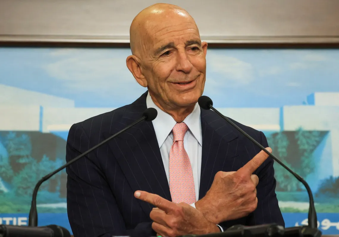 US Ambassador to Türkiye Tom Barrack, also special envoy to Syria, fields questions from journalists after meeting with Lebanese President Joseph Aoun at the presidential palace in Baabda, Lebanon, on August 18, 2025.