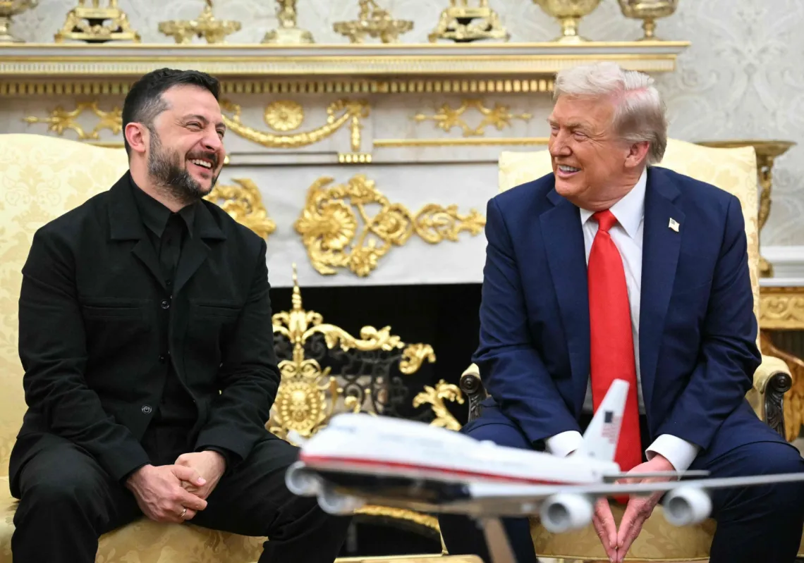 Ukrainian President Volodymyr Zelenskyy and US President Donald Trump participate in a meeting in the Oval Office of the White House in Washington, DC, on August 18, 2025. 