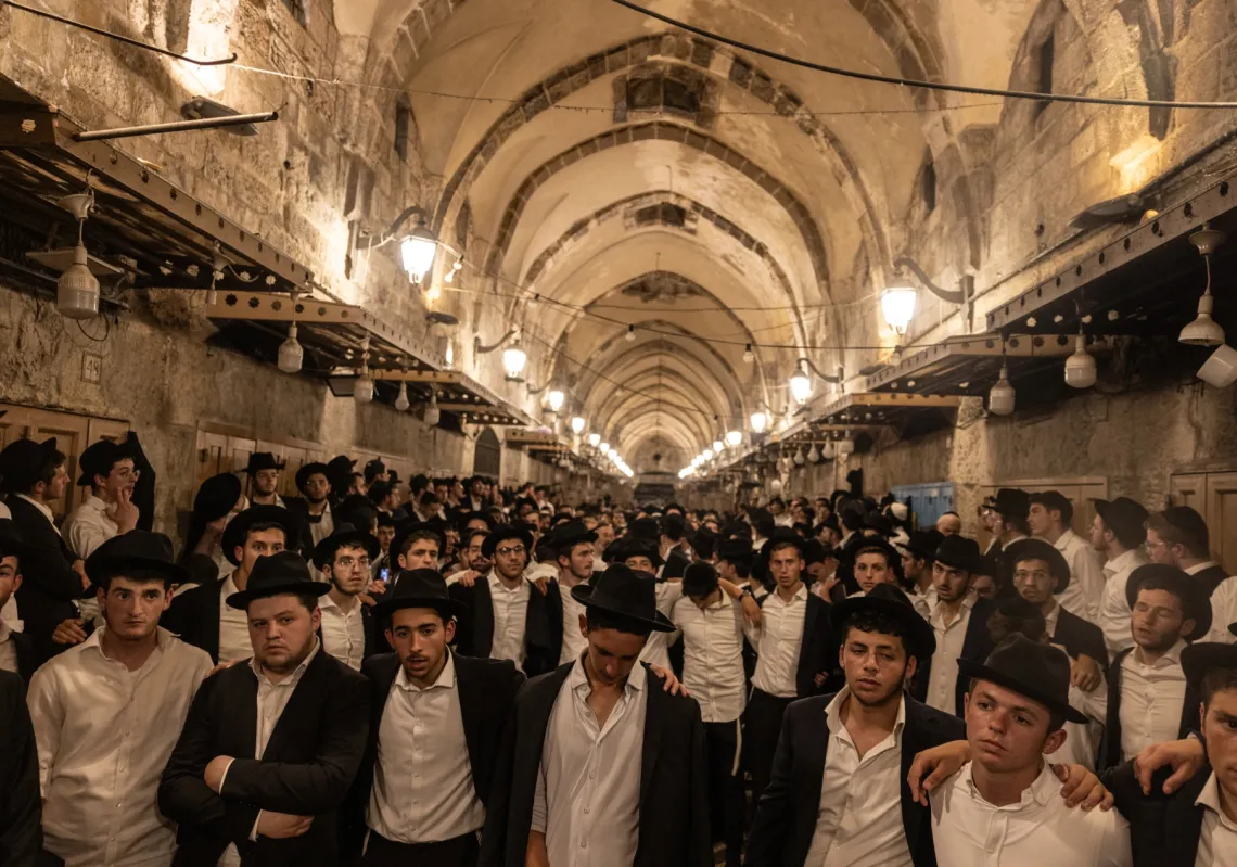 Ultra-Orthodox Jewish men stand at one of the gates to the Haram Al Sharif during the annual Tisha B&#039;Av commemorating the destruction of ancient Jewish temples some 2,000 years ago.