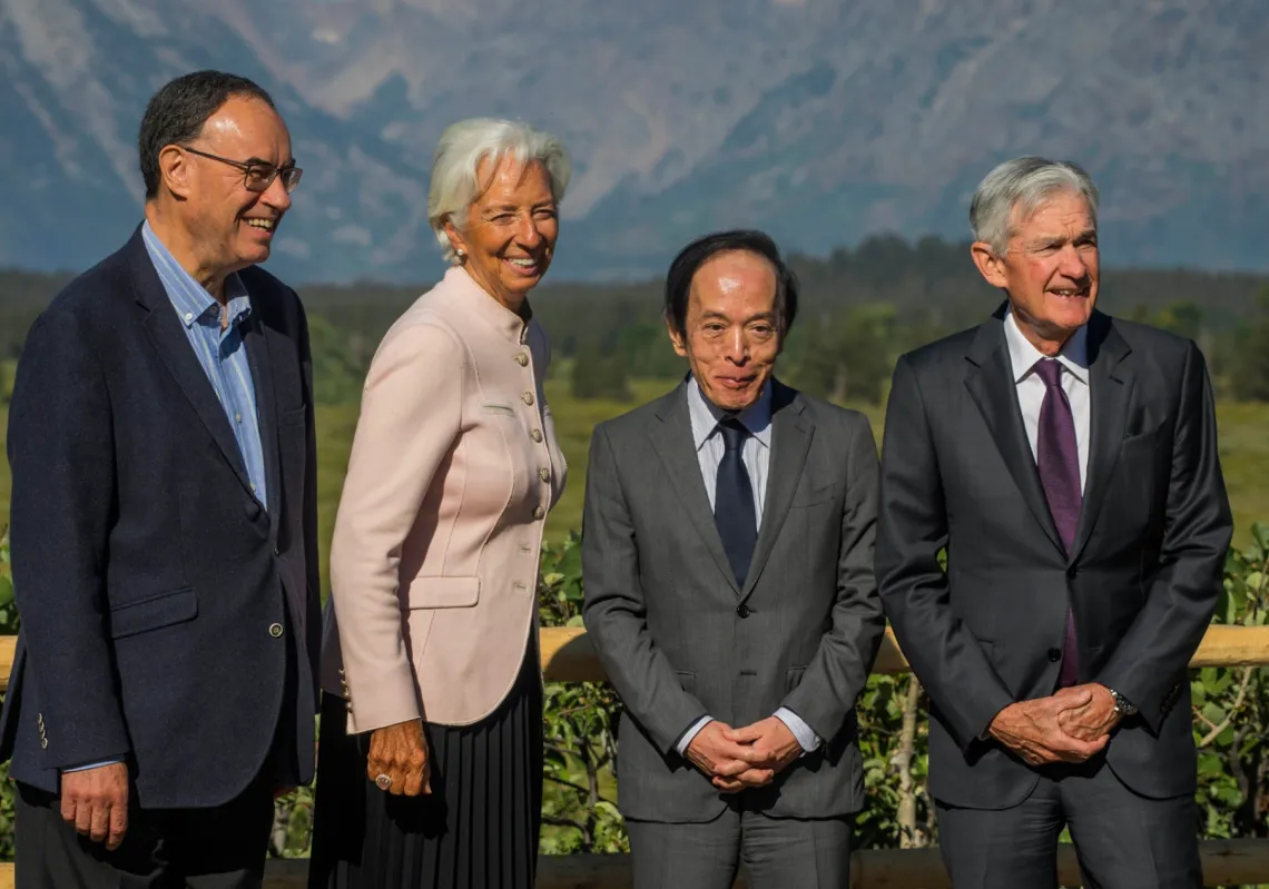 US Federal Reserve Chairman Jerome Powell, his Japanese counterpart Kazuo Ueda, European Central Bank President Christine Lagarde, and Bank of England Governor Andrew Bailey, at Jackson Hole in Moran on August 22, 2025.