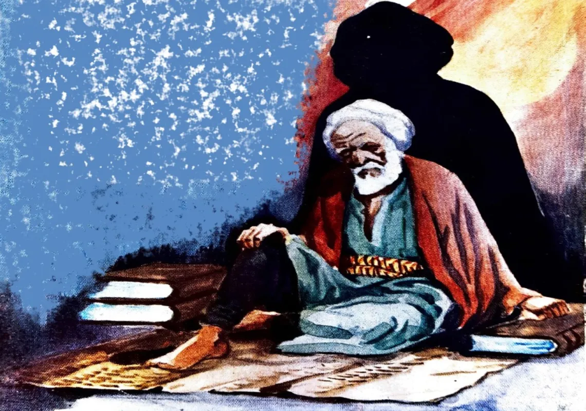 Al-Ma'arri in his residence as depicted in a 1965 book 