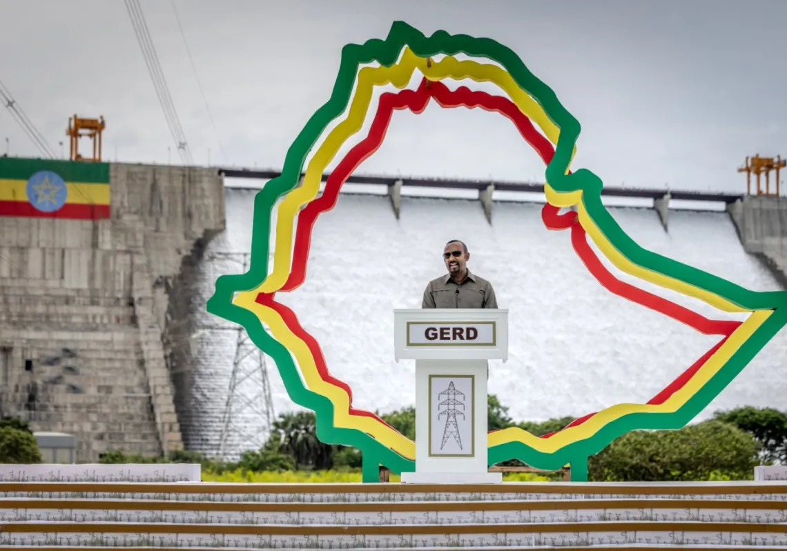 Prime Minister of Ethiopia Abiy Ahmed delivers his remarks during the official inauguration ceremony of the Grand Ethiopian Renaissance Dam (GERD) in Guba, on September 9, 2025. 