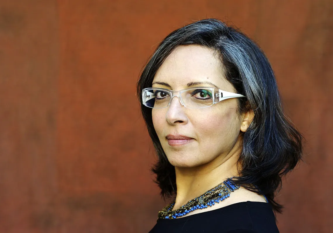 Egyptian writer May Telmissany poses during a portrait session held on April 15, 2014, in Paris, France.