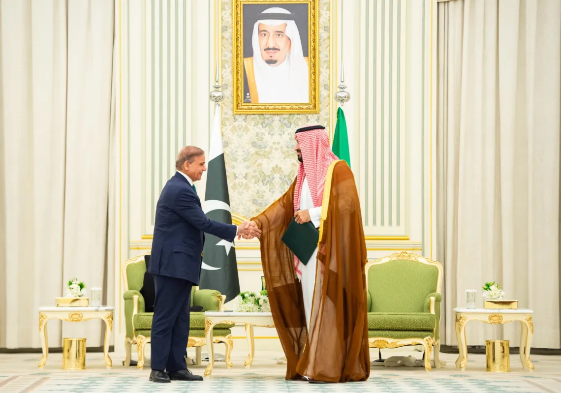 Saudi Arabia&#039;s Crown Prince Mohammed bin Salman shakes hands with Pakistani Prime Minister Shehbaz Sharif.