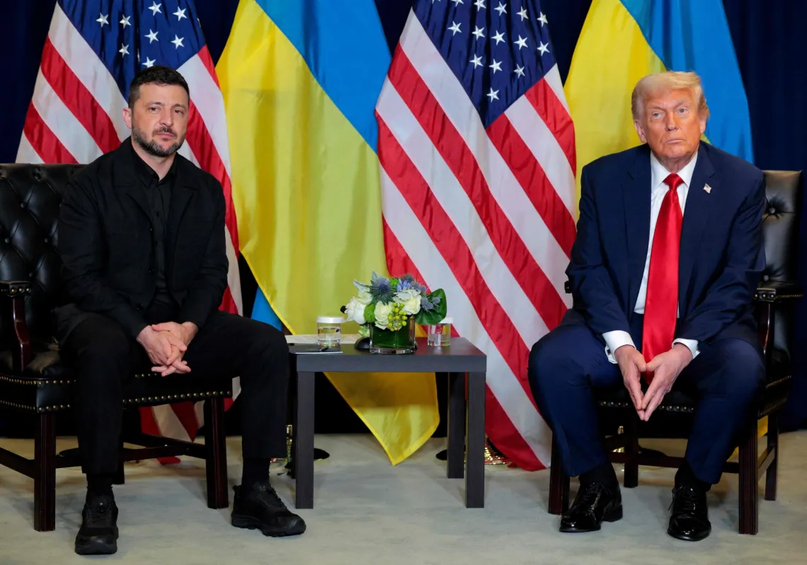 President of Ukraine Volodymyr Zelenskyy and US President Donald Trump attend a bilateral meeting during the 80th session of the UN’s General Assembly (UNGA) at the UN headquarters on September 23, 2025, in New York City.