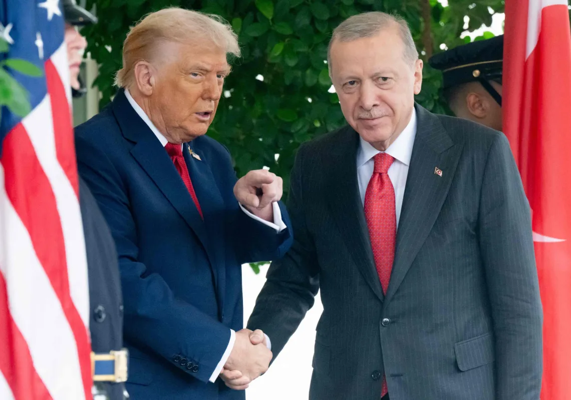 US President Donald Trump greets Türkiye&#039;s President Recep Tayyip Erdogan as Erdogan arrives at the White House in Washington, DC, on September 25, 2025. 