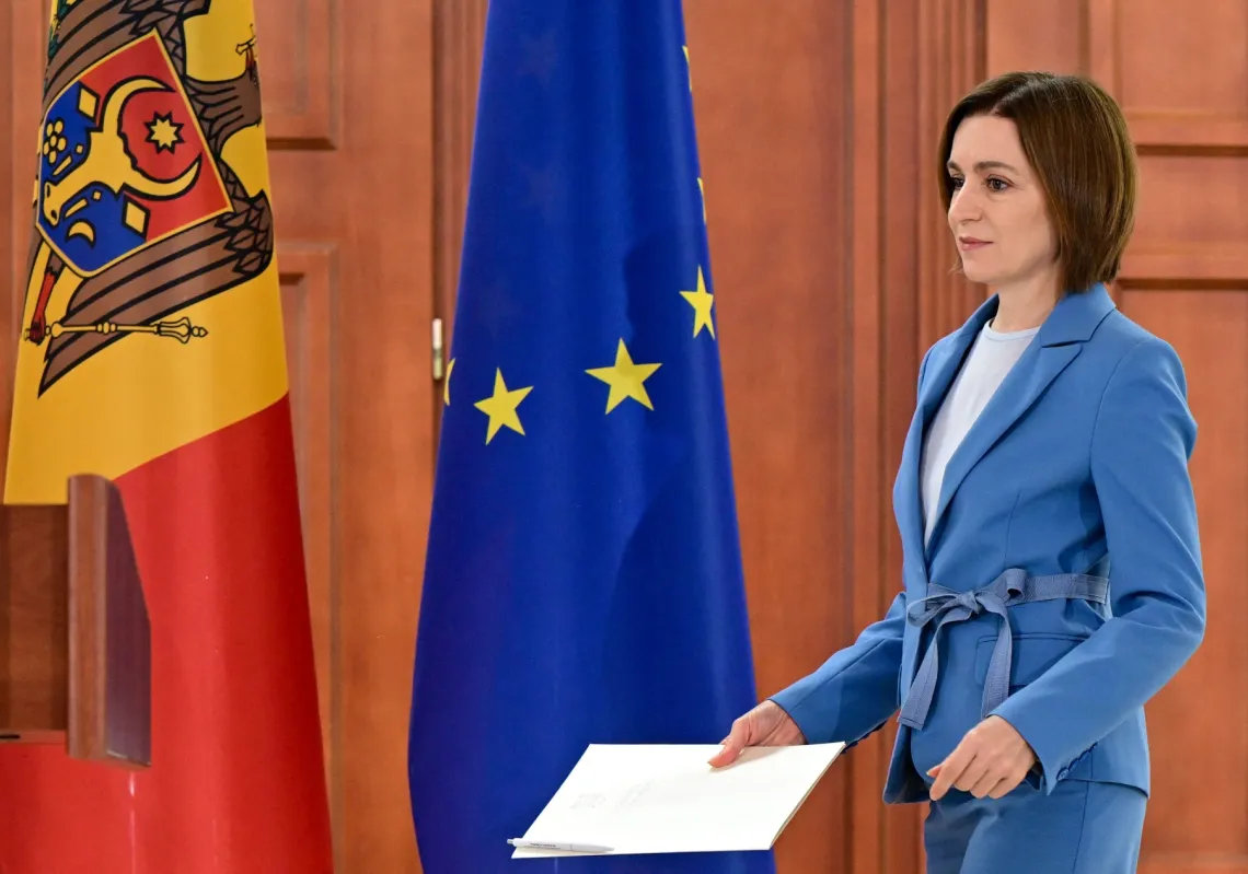 Moldova's president, Maia Sandu, arrives to hold a press conference at the Presidency headquarters in Chisinau, September 29, 2025.