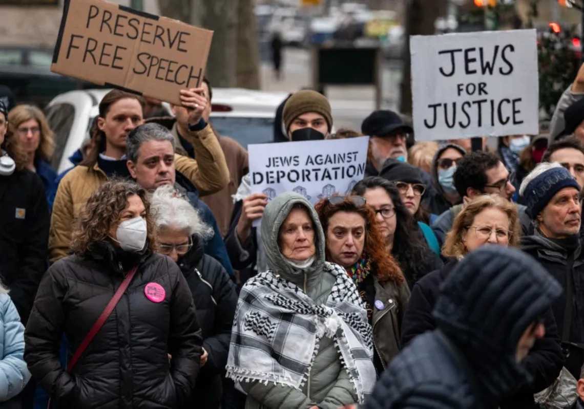 Activists hold a demonstration in lower Manhattan against the arrest by ICE of Palestinian activist Mahmoud Khalil, a graduate student at Columbia University, on 20 March 2025 in New York City.