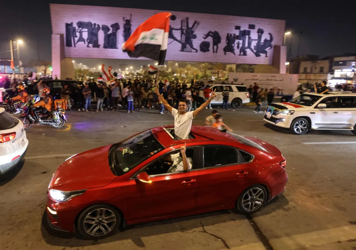 احتفال أنصار رئيس الوزراء العراقي الحالي عقب إعلان النتائج الأولية للانتخابات في بغداد في 12 نوفمبر 2025
