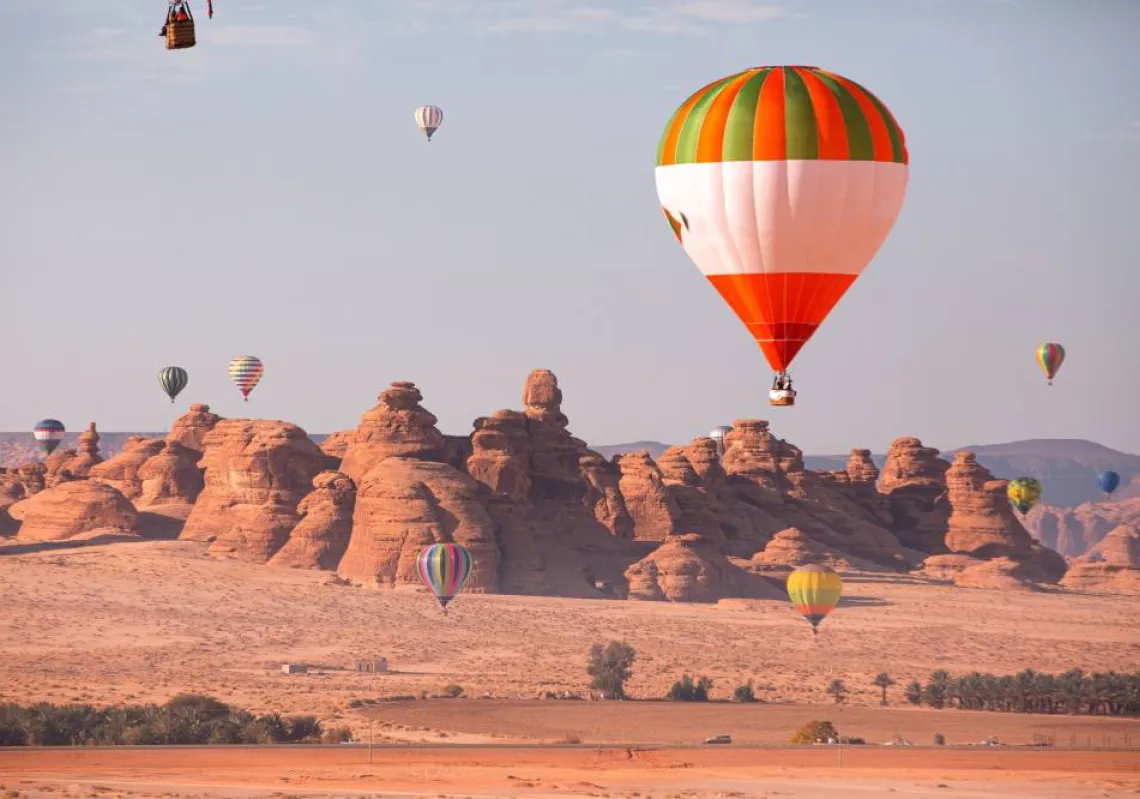Hot Air Balloon Festival over Mada&#039;in Saleh (Hegra) ancient site, AlUla, Saudi Arabia. was taken in 2020 Mar 18
