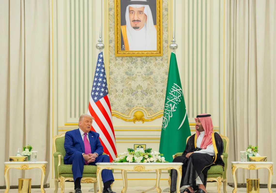President Donald Trump arrives with Saudi Crown Prince Mohammed bin Salman for the group photo with Gulf Cooperation Council leaders during the GCC Summit in Riyadh, Saudi Arabia, on 14 May 2025.