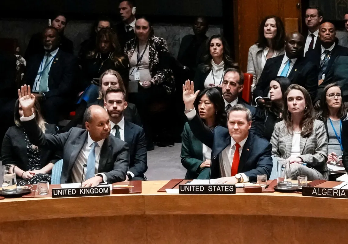 US Ambassador to the UN Michael Waltz and Britain's Deputy Ambassador James Kariuki vote in favour of an international stabilisation force in Gaza, at UN Headquarters in New York City, US, on 17 November 2025.