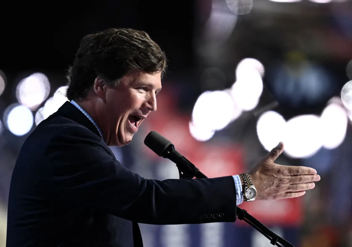 US political commentator Tucker Carlson speaks during the last day of the 2024 Republican National Convention at the Fiserv Forum in Milwaukee, Wisconsin, on 18 July 2024.