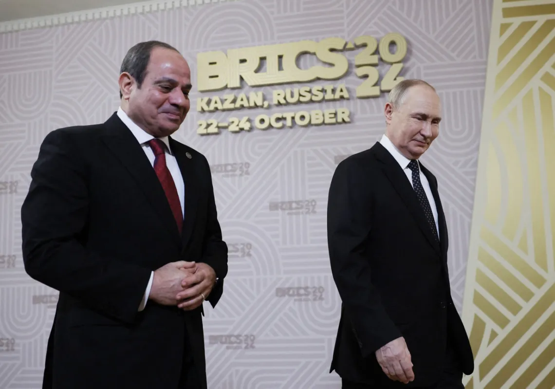 Russian President Vladimir Putin and Egypt's President Abdel Fattah el-Sisi attend a welcoming ceremony for participants of the BRICS summit in Kazan on 22 October 2024.