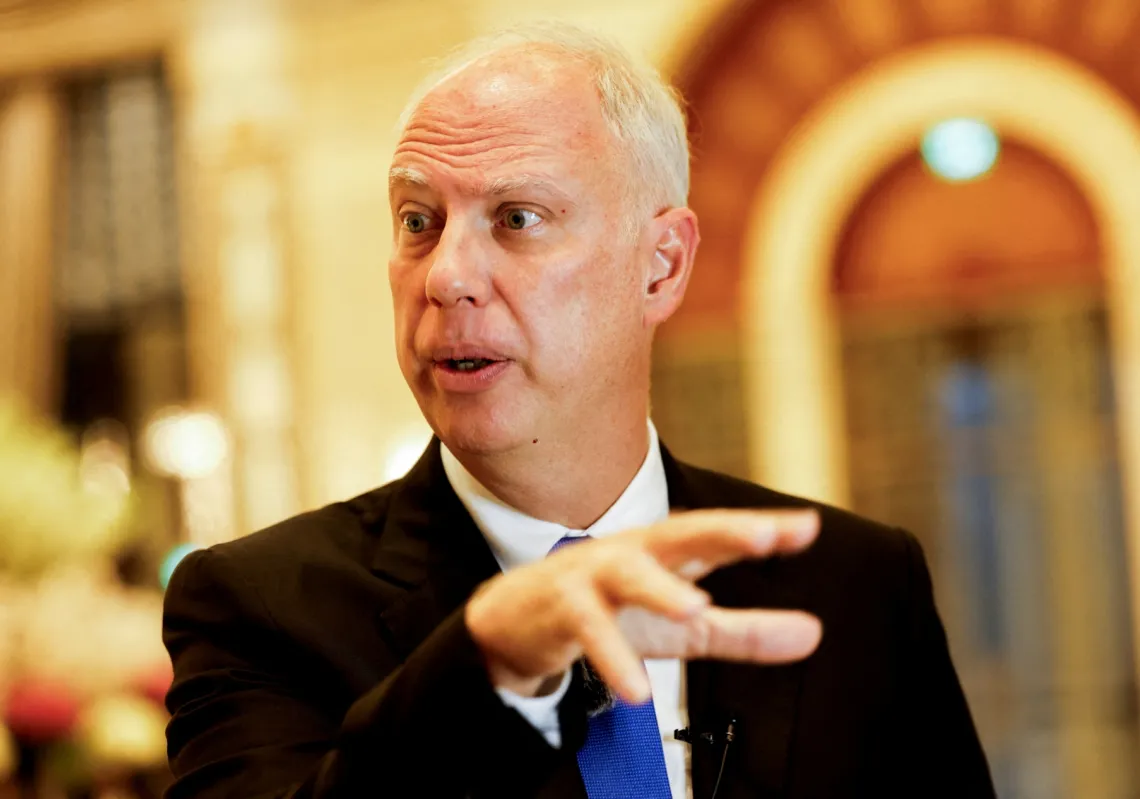 The head of Russia&#039;s sovereign wealth fund, Kirill Dmitriev,‬ speaks to the media ahead of his meeting with the US delegation in Riyadh, Saudi Arabia‬, on 18 February 2025.